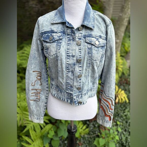 BDG Light Blue Jean Jacket Hand Painted Wild Soul - Picture 2 of 5